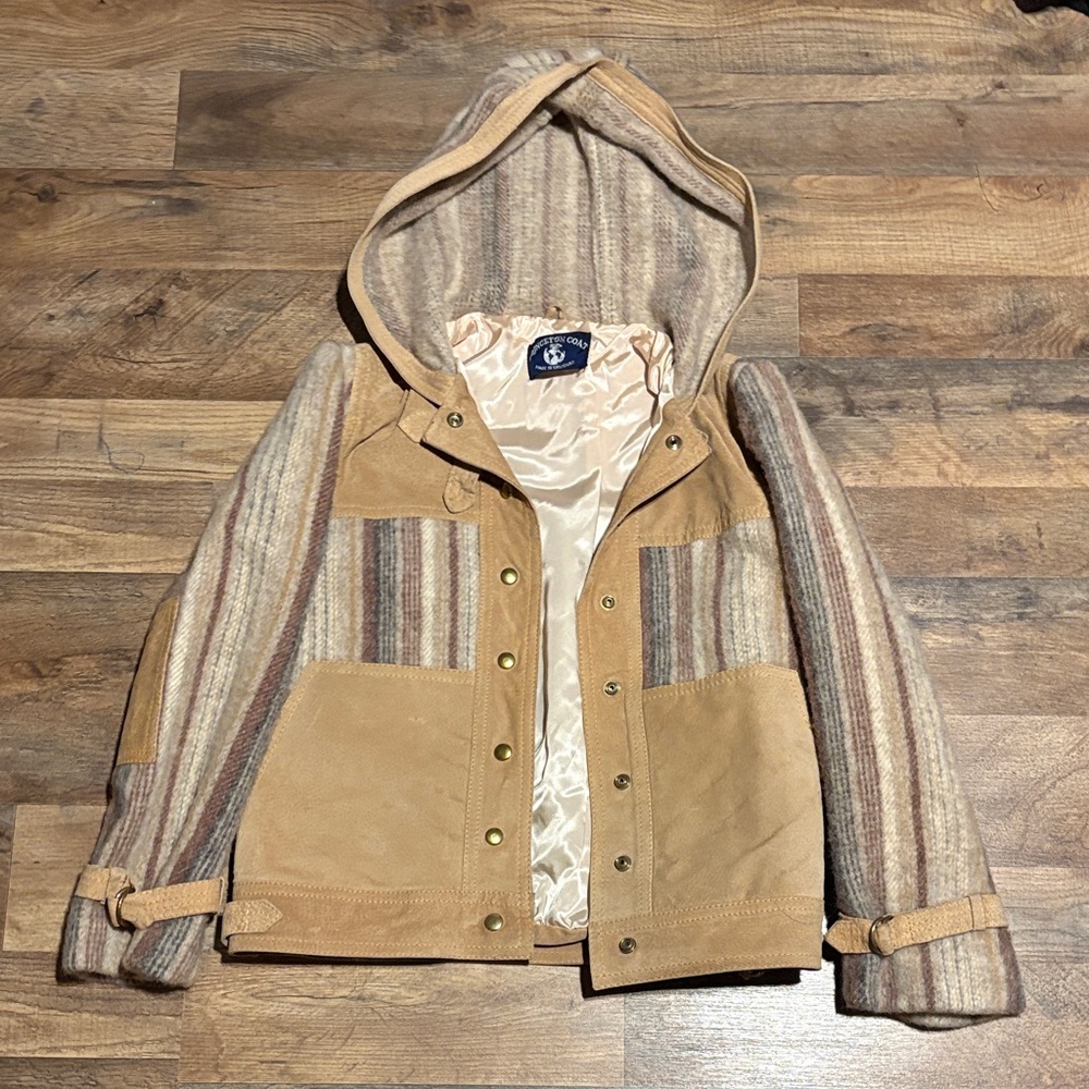 Leather and Wool Multicolor Striped Hooded Jacket